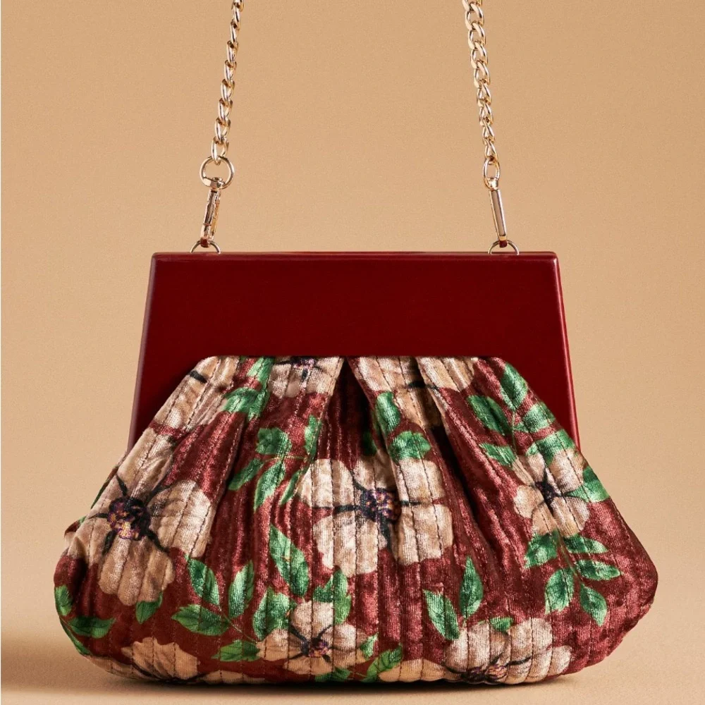 Anthropologie Pleated Velvet Clutch in Pink Combo NWT